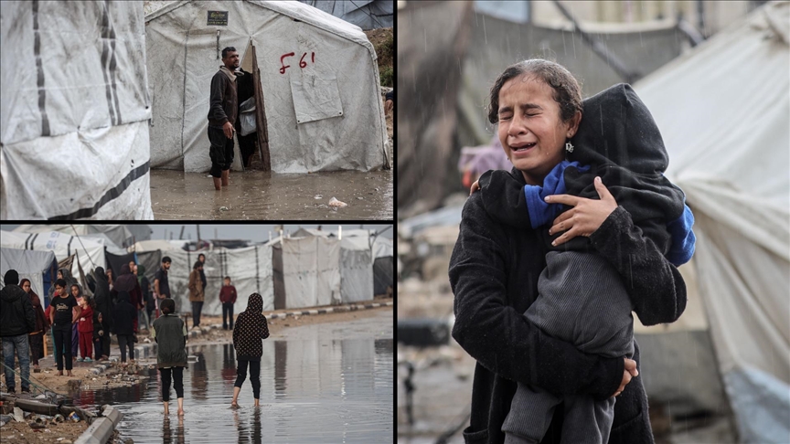 Gazze’de yoğun yağış nedeniyle İsrail saldırılarında evleri yıkılanların kaldığı çadırları su bastı